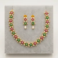Set Kalung Mutiara Zirkon Berlapis Emas Pengantin India Pola Bunga Etnik Grosir Perhiasan Pernikahan Mewah Paduan Logam Anting Wanita