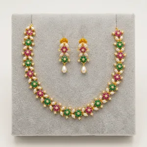Indian Bridal Gold Plated Ruby <b>Pearl</b> Necklace <b>Set</b> Wholesale Luxury Wedding Alloy <b>Jewelry</b> <b>Pearl</b> Necklace Earrings for Women - Product Image 2