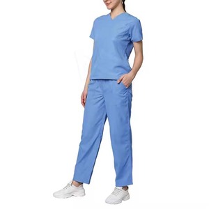 Ensemble de blouses et pantalons d'hôpital pour femmes, bleu, col en V, en coton et polyester tissé, couleur unie, avec détection d'aiguilles - Product Image 1