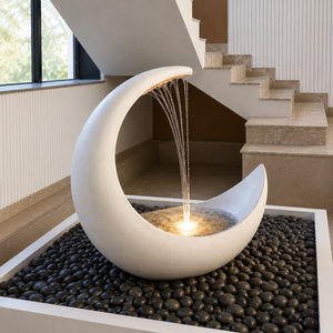 Fontaine de lune en marbre blanc de luxe, fontaine d'intérieur moderne, fontaine décorative en forme de croissant, design zen asiatique, respectueuse de l'environnement - Product Image 1