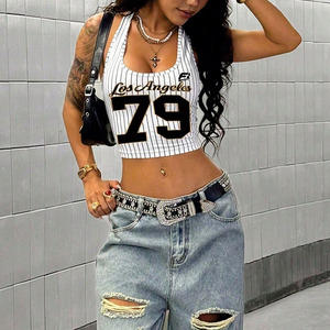 Ladies Sports Summer Fashion Pinstripe Halter Crop Tank Custom Graphic Slim Fit Y2K Custom Streetwear Sleeveless women's shirt - Product Image 2