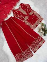 Baju Salwar Kameez Anak Perempuan Trendi Bahan Sutra Tradisional Mewah Bordir Emas Berat Warna Merah Maroon Pakistan India untuk Anak-anak di Hari Raya