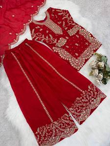 Traje Sharara de Moda para Niñas, Lujoso con Bordado Dorado, Color Rojo Granate, Estilo Pakistaní/Indio, para Fiestas y Eventos - Product Image 5