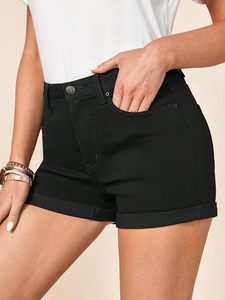 Shorts de mezclilla negros de cintura alta para mujer, color sólido, casuales, de verano, corte regular, con bolsillos, tela de algodón tejida - Product Image 1