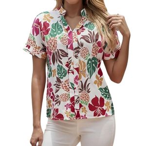 Blusa de Mujer con Estampado Floral Tropical, Cuello en V, Manga Corta, Estilo Casual para Verano - Product Image 1