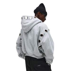 Sweat à capuche zippé pour homme, tricoté, respirant, personnalisé, de haute qualité, style vintage, coupe ample et carrée, avec œillets métalliques et empiècements - Product Image 2