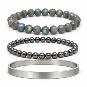 Conjunto de Pulseras de Moda para Mujer: Pulsera de Piedra Lunar de 8mm con Banda Complementaria de Cuentas en Tono Plateado, Diseño Suave y Apilable - Product Image 3