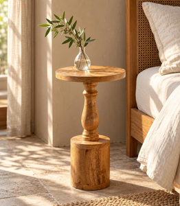 Table d'appoint de luxe en bois massif, base en bloc de balustre tourné, table à boisson artisanale en bois massif pour petit salon - Product Image 6