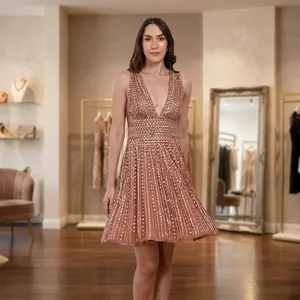 Vestido de noche brillante con cuello en V, sin mangas, ajustado y con vuelo, mini vestido de fiesta para banquetes y bodas - Product Image 1