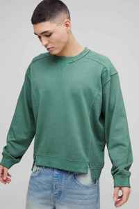 เสื้อสเวตเชิ้ตคอกลมสีเขียวมะกอกทรงโอเวอร์ไซส์สำหรับผู้ชาย ทรงปกติ สวมใส่สบายๆ ในฤดูใบไม้ร่วง ผ้าถักเฟรนช์เทอร์รี่ สีพื้น แขนยาว - Product Image 3