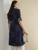 Robe midi bleu marine à pois, manches trois-quarts, col rond, coupe ample, en viscose tissée, pour usage quotidien décontracté, ourlet droit, magnifique