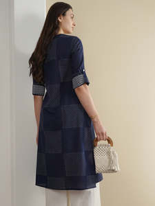 Navy Blue Dot Pattern Three Quarter Sleeve Midi <b>Dress</b> Crew Neck Loose Fit Woven <b>Viscose</b> Casual Daily Wear Straight Hem Beautiful - Product Image 5