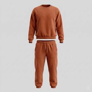Conjunto Deportivo de Dos Piezas para Hombre, Estilo Urbano, Talla Grande, 1000g, Algodón Pesado Transpirable, Color Terracota, Verano, Diseño de Estrella de Cuatro Puntas - Product Image 1