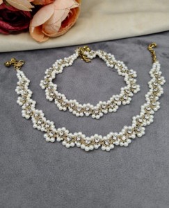 Paire de chevillères exquises en cristal perlé, finition or antique, bijoux de pied délicats pour mariage indien, Payal, ornés de pierres, vente en gros - Product Image 2