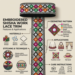 Ethnic Indian Embroidered Mirror Work Lace Trim with Colorful Geometric Patterns for <b>Sarees</b> Garments <b>Bags</b> Crafts Home Decor - Product Image 6