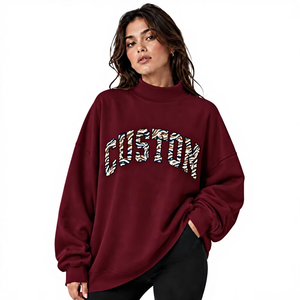 <b>Womens</b> Oversized Mock Neck Sweatshirt <b>Fleece</b> Applique Pullover Custom Varsity Chenille Lettering Soft Collegiate Streetwear <b>Top</b> - Product Image 1