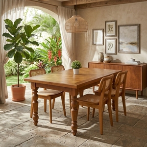 Ensemble de table à manger en teck massif avec pieds tournés, rectangulaire, style vintage français, meubles de cuisine, ensemble de salle à manger en chêne naturel chaud - Product Image 5