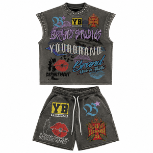 Conjunto de Dos Piezas de Verano para Hombre RMG, Tejido Sólido, Camiseta sin Mangas con Gráficos de Diamantes de Imitación DTG, Pantalones Cortos, 100% Algodón Transpirable, Logotipo Personalizado - Product Image 1
