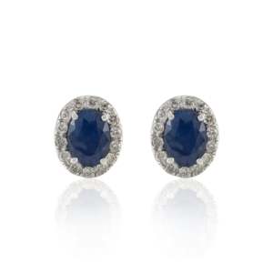 18K Gold Blue Sapphire Halo Diamond Stud Earrings - Product Image 3