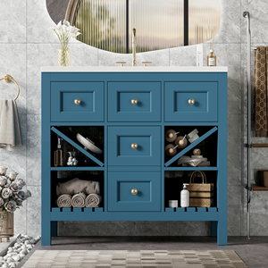 Mobile Bagno Freestanding da 36 Pollici con 5 Cassetti, Struttura in Legno Massello e Lavabo in Resina - Set Completo - Product Image 3