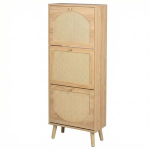 Scarpiera a 3 livelli con frontale in rattan color legno naturale, 54x24x135 cm, realizzata in truciolato - Product Image 4