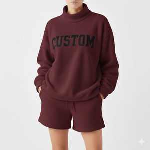 <b>Womens</b> Turquoise Solid "CUSTOM" Text Print Mock Neck Oversized Sweatshirt and <b>Shorts</b> Set <b>Long</b> Sleeve Casual Streetwear - Product Image 6