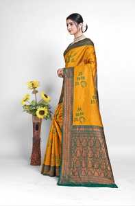 Sari en soie pour femme, bordure vert moutarde, tenue ethnique traditionnelle pour mariages et occasions festives, style Inde Pakistan, toutes saisons - Product Image 2