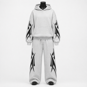 <b>Women</b>’s 2 Piece <b>Tracksuit</b> Set <b>Grey</b> Hoodie Graphic Print Wide Leg Sweatpants Casual Streetwear Matching Set Wholesale - Product Image 1