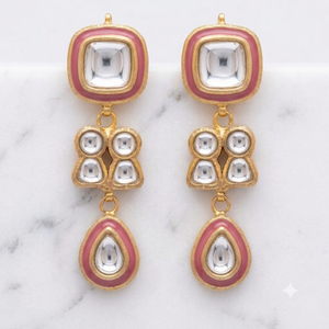 Pendientes de Lujo Chapados en Oro Thappa Kundan, Tradicionales con Esmalte Rojo Meenakari y Piedra Polki sin Cortar, Pendientes Colgantes para Novia India - Product Image 3