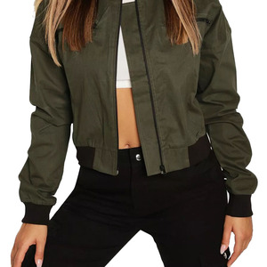 Chaqueta Bomber Verde Oliva de Alta Calidad para Mujer, Manga Larga, Cierre de Cremallera, Cuello Camisero, Color Sólido, Corte Corto, para Otoño - Product Image 5
