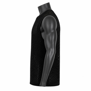 Wholesale <b>Men's</b> <b>Black</b> Knitted Sleeveless Tank Top Crew Neck Hollow Out Dot Pattern Breathable Casual Wear - Product Image 5