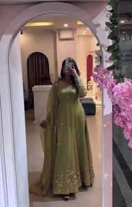 Vestido de novia tradicional indio pakistaní Salwar Kameez para mujer, largo hasta el suelo, bordado, de poliéster, corte holgado, con ribete rosa dorado - Product Image 6