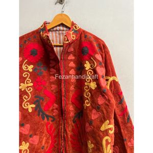 Floral Embroidered Mandarin Collar <b>Velvet</b> Cotton Quilted <b>Jacket</b> Full Sleeve Winter Unisex Overcoat Boho Chic - Product Image 2