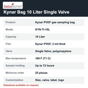 Bolsa de muestreo de gases TECHINSTRO Kynar de 10 litros con película de PVDF, válvula única, a prueba de fugas, para muestreo de VOC, olores y aire. - Product Image 6