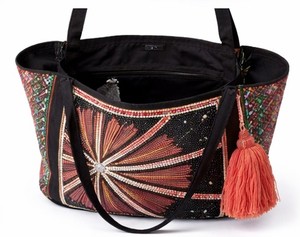 Bold <b>black</b> tote <b>bag</b> with intricate starburst beadwork, colorful side panels, and tassel accent. Perfect statement handbag - Product Image 5