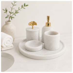 Natural White Marble Bathroom Accessory Set Modern Handcrafted Stone Organizer with Soap Dispenser <b>Toothbrush</b> <b>Holder</b> Best Price - Product Image 1