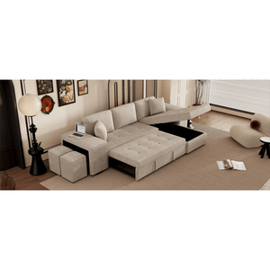 104.5 Modern L-Shaped 3-Seater Reversible Sectional Couch Pull-Out <b>Sleeper</b> <b>Sofa</b> with Storage Chaise 2 Stools for Living Room - Product Image 3
