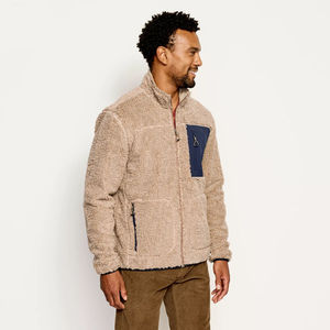 Veste zippée intégrale en polaire sherpa beige personnalisée avec poche poitrine bleu foncé et poches latérales zippées – Haut décontracté et chaud pour l'extérieur - Product Image 2