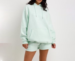 Ensemble de shorts de sport à capuche longs en tissu éponge uni pour femmes, manches longues, antibactérien, polyester/coton, coupe ample décontractée, printemps été - Product Image 1