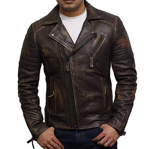 Men's Genuine <b>Leather</b> Moto <b>Jacket</b> Slim Fit Turn-down Collar Zipper Closure Washed <b>Brown</b> Biker Style Outerwear <b>Leather</b> <b>Jacket</b> - Product Image 3
