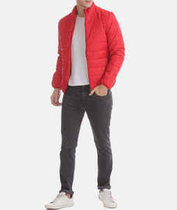 Blouson d'hiver matelassé rouge personnalisé pour homme, coupe slim, col montant, fermeture éclair, coupe-vent, chaud et décontracté - Product Image 4