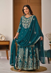Radiant <b>teal</b> blue chiffon silk sharara <b>suit</b> with shimmering silver zari and sequin embroidery elegant ethnic wear for festivals - Product Image 6