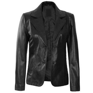 Women's Black Genuine Lambskin Leather Blazer <b>Jacket</b>, Classic Two-Button Slim Fit Office Suit for Ladies, Plus Size Available - Product Image 3