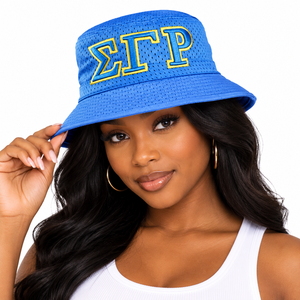 Chapeau Bob en Maille Bleu Royal avec Broderie Lettres Grecques Dorées Tissu Respirant Léger Unisexe Décontracté Été Sports de Plein Air - Product Image 1