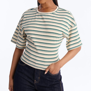 Camiseta Corta de Punto con Cuello Redondo a Rayas para Mujer, 100% Algodón Transpirable, con Lazo Trasero, Ajuste Delgado, Casual de Verano, Venta al por Mayor - Product Image 1