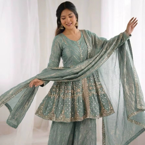 Designer Peplum <b>Kurta</b> Sharara Set with Dupatta | Heavy Embroidery Ethnic Wear Suit for Women | Festive Wedding Party Outfit - Product Image 1