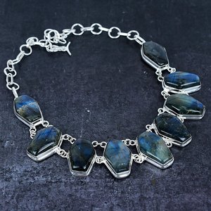 Geometric Coffin Shape Blue Fir Labradorite Necklace Natural Stone Silver Plated <b>Rope</b> <b>Chain</b> Unisex Bohemian Gift Jewelry - Product Image 2