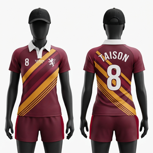 Uniforme de Rugby para Mujer, 180 GSM, Poliéster Interlock de Alta Calidad, Color Granate y Dorado, Panel Diagonal, Kit de Equipo, Logotipo Personalizado, OEM - Product Image 1