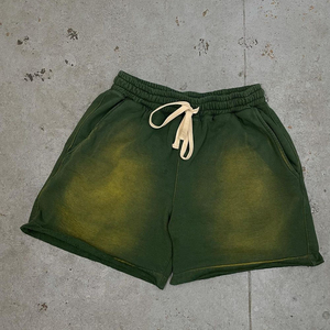 Men's 100% Cotton Acid Washed French Terry Fleece Sweat Shorts Sun Faded Raw Edges Spray Washed Customized Design Breathable - Product Image 1