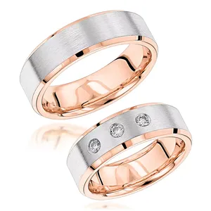 EtherStar 0.10ct 3 <b>Stone</b> Princess Cut Diamond Unisex Wedding Band <b>Two</b> Tone 18K Gold Brushed Beveled Ethnic <b>Ring</b> - Product Image 1